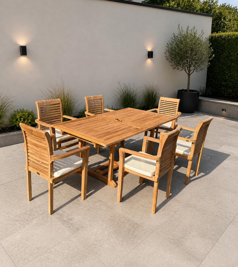 Teak Garden Furniture Set 180cm - 240cm Rectangle Dining table & 6 Chairs with Cushions!