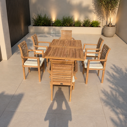 Teak Garden Furniture Set 180cm - 240cm Rectangle Dining table & 6 Chairs with Cushions!