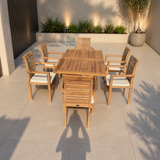 Teak Garden Furniture Set 180cm - 240cm Rectangle Dining table & 6 Chairs with Cushions!
