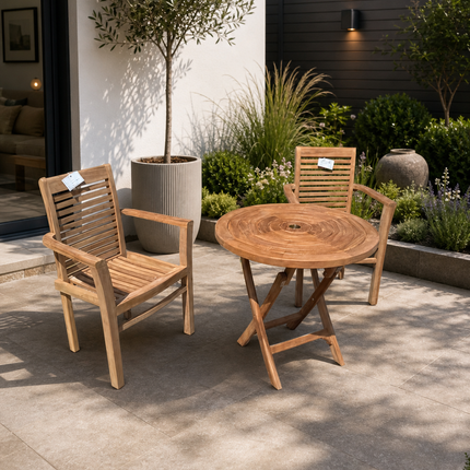 Teak Ripple Dining Set Foldable Table & Two Enclave Stacking Chairs