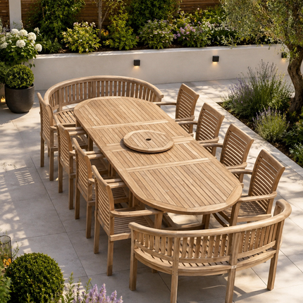 Teak Deluxe Garden Furniture Set 200cm - 300cm Dining Table 4CM Thick, 8 Enclave Chairs & Two Harmony Benches With Cushions