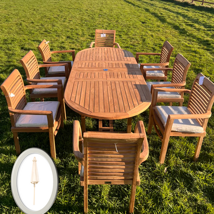Teak Garden Furniture Set 180cm - 240cm Dining table & 8 Chairs with Cushions & Parasol!