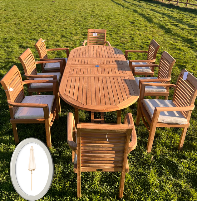 Teak Garden Furniture Set 180cm - 240cm Dining table & 8 Chairs with Cushions & Parasol!