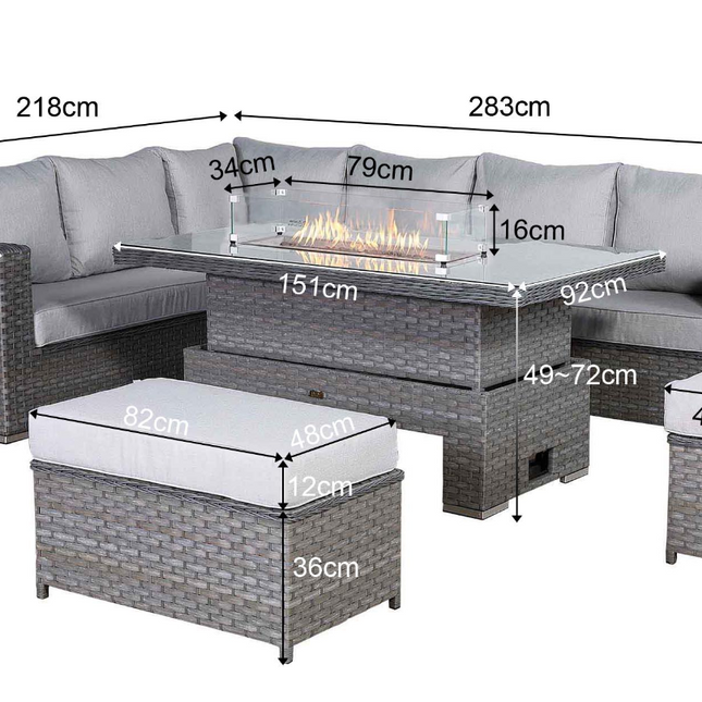 Calista Rattan Garden Furniture Corner Sofa Set With Rising Firepit Table Grey