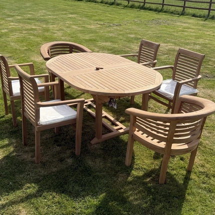 Teak Garden Furniture Set 4cm 180cm - 240cm Extending Dining Table & 4 Chairs + 2 Harmony Curve Chairs