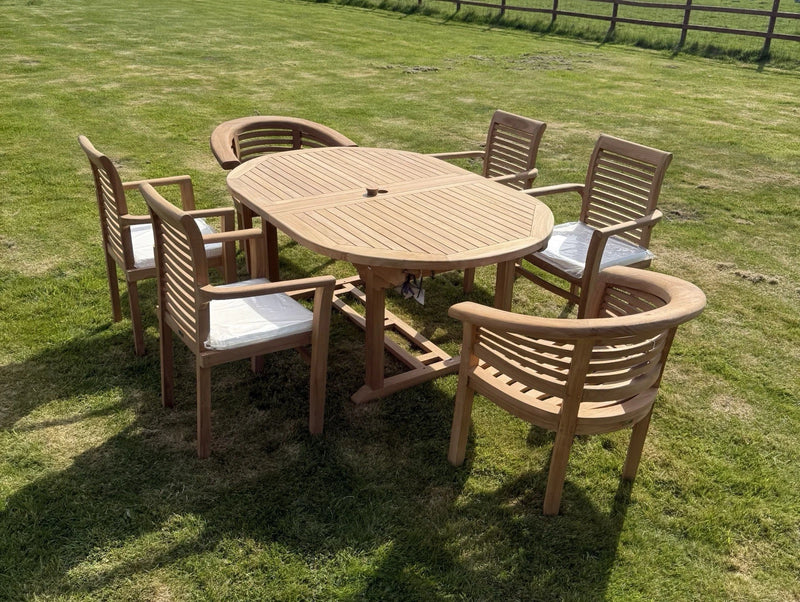 Teak Garden Furniture Set 4cm 180cm - 240cm Extending Dining Table & 4 Chairs + 2 Harmony Curve Chairs