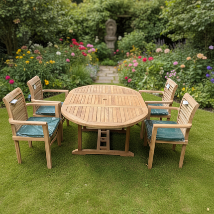 Teak Deluxe Garden Furniture Set 120cm - 170cm Oval Dining Table 4cm Thick Single leaf & 4 Enclave Stacking Chairs With Cushions