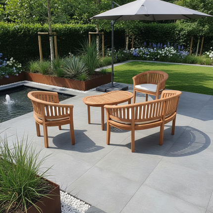 Teak Harmony Curved Garden Bench Set Vertical With Coffee Table Four Piece