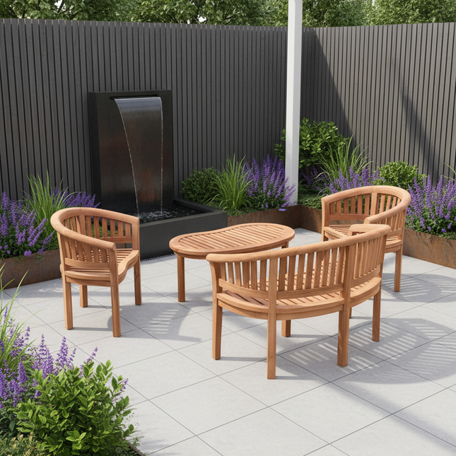 Teak Harmony Curved Garden Bench Set Vertical With Coffee Table Four Piece