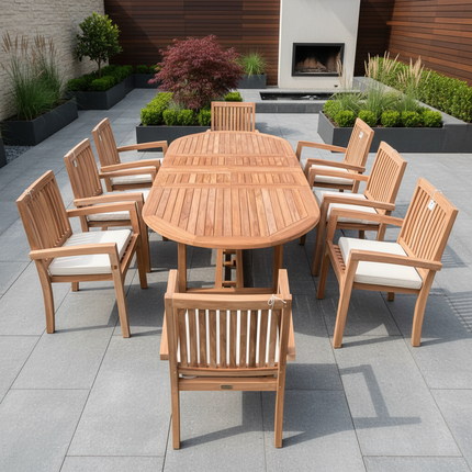 Teak Garden Furniture Set 180cm - 240cm Extending Dining Table 8 Elysian Stacking Chairs With Cushions