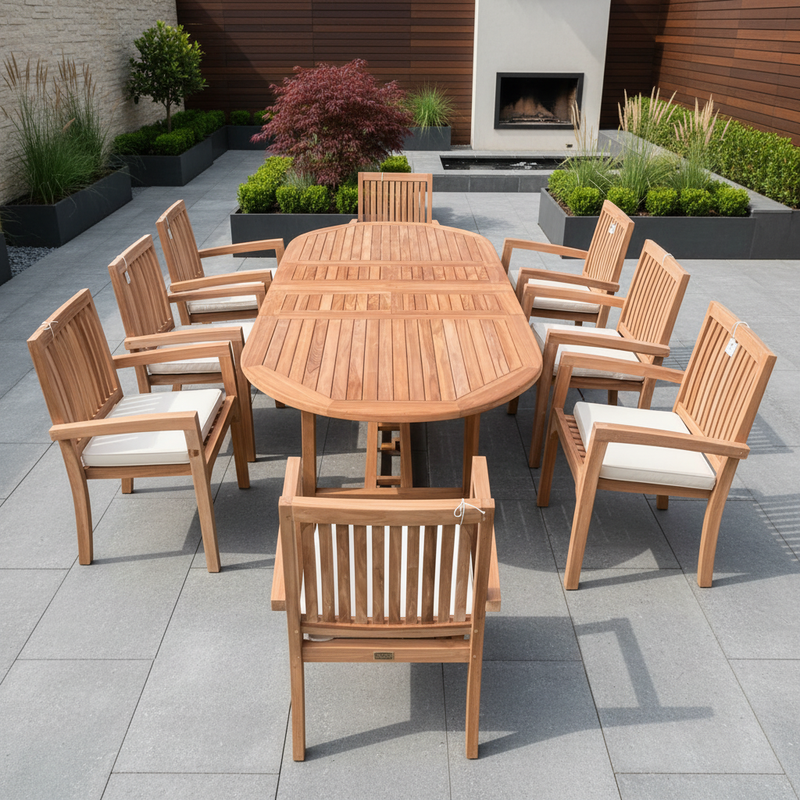 Teak Garden Furniture Set 180cm - 240cm Extending Dining Table 8 Elysian Stacking Chairs With Cushions