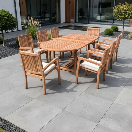 Teak Garden Furniture Set 180cm - 240cm Extending Dining Table 8 Elysian Stacking Chairs With Cushions