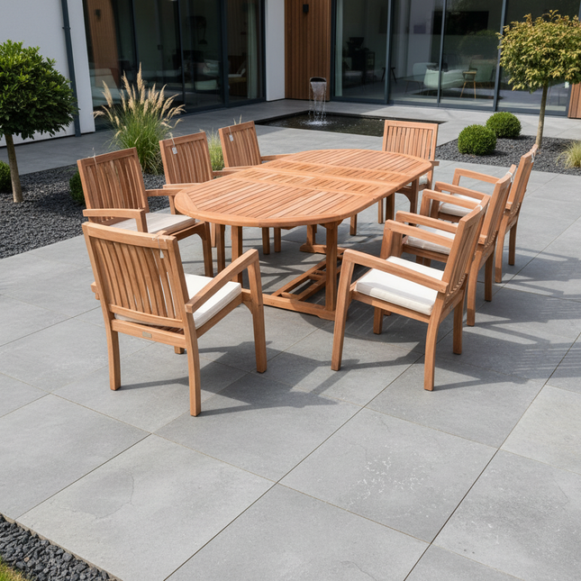 Teak Garden Furniture Set 180cm - 240cm Extending Dining Table 8 Elysian Stacking Chairs With Cushions