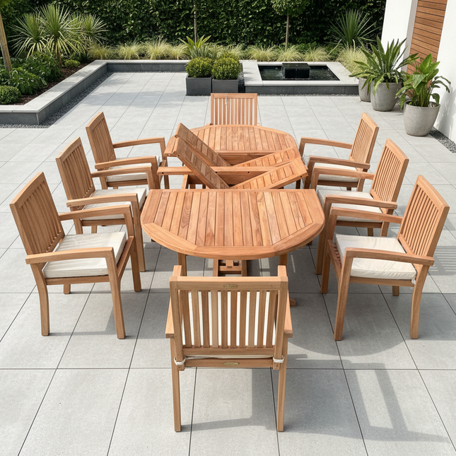Teak Garden Furniture Set 180cm - 240cm Extending Dining Table 8 Elysian Stacking Chairs With Cushions