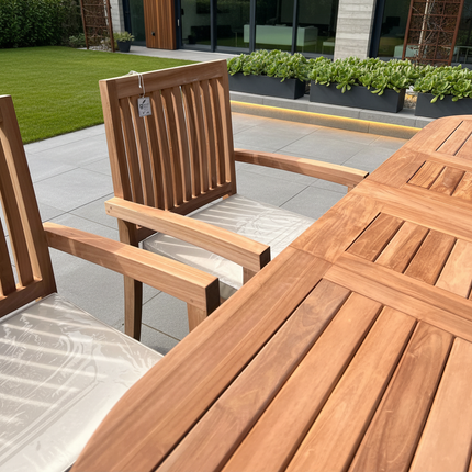 Teak Garden Furniture Set 180cm - 240cm Extending Dining Table 8 Elysian Stacking Chairs With Cushions