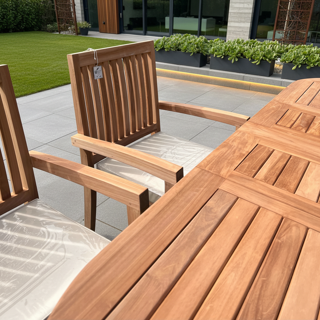 Teak Garden Furniture Set 180cm - 240cm Extending Dining Table 8 Elysian Stacking Chairs With Cushions