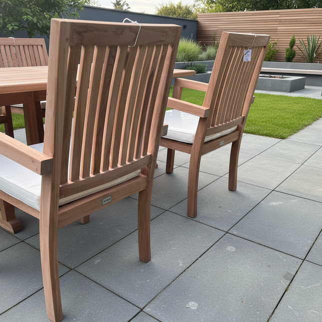 Teak Garden Furniture Set 180cm - 240cm Extending Dining Table 8 Elysian Stacking Chairs With Cushions