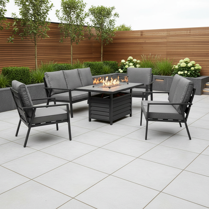 Miami Aluminium Sofa & Chair Dining Set with Fire Pit – Grey