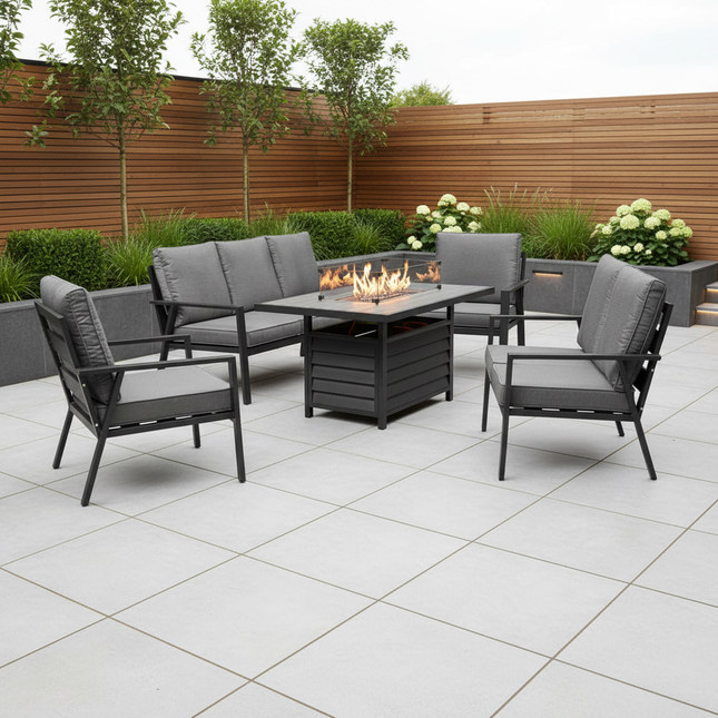 Miami Aluminium Sofa & Chair Dining Set with Fire Pit – Grey