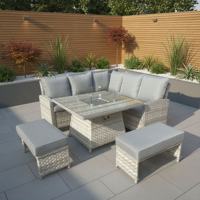 Luxury Sierra Rattan Firepit Corner Garden Set Outdoor Patio Furniture - Grey