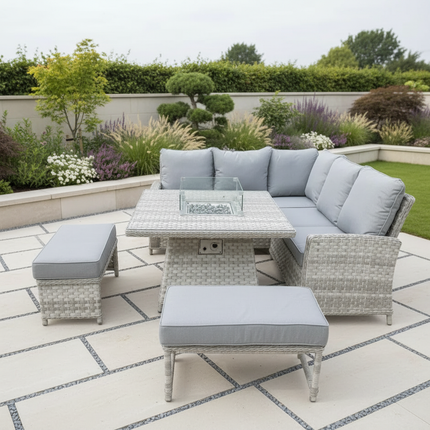 Luxury Sierra Rattan Firepit Corner Garden Set Outdoor Patio Furniture - Grey