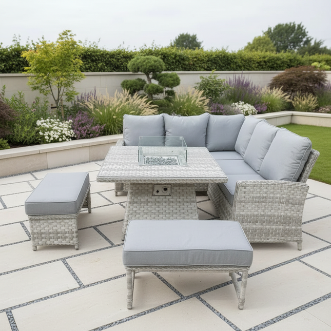Luxury Sierra Rattan Firepit Corner Garden Set Outdoor Patio Furniture - Grey