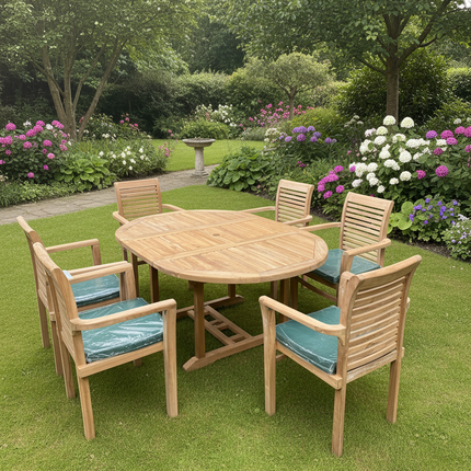 Teak Deluxe Garden Furniture Set 120cm - 170cm Oval Dining Table 4cm Single Leaf Thick & 6 Enclave Stacking Chairs With Cushions