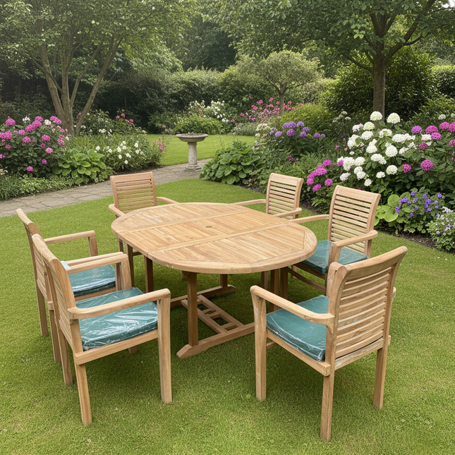 Teak Deluxe Garden Furniture Set 120cm - 170cm Oval Dining Table 4cm Single Leaf Thick & 6 Enclave Stacking Chairs With Cushions