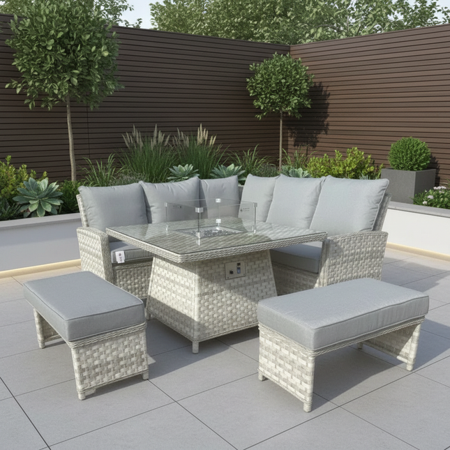 Luxury Sierra Rattan Firepit Corner Garden Set Outdoor Patio Furniture - Grey