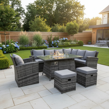 Bliss Rattan Garden Furniture Fire Pit Corner Sofa Set