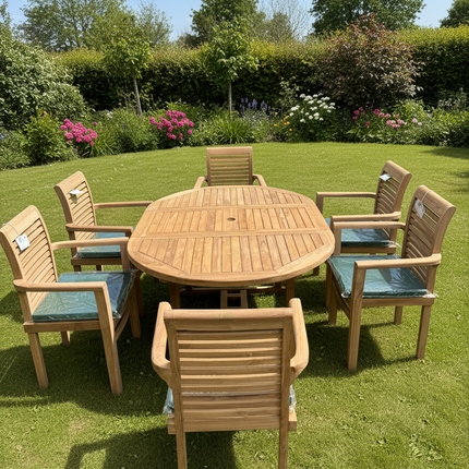 Teak Deluxe Garden Furniture Set 120cm - 170cm Oval Dining Table 4cm Single Leaf Thick & 6 Enclave Stacking Chairs With Cushions