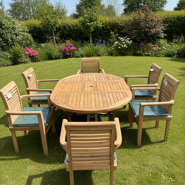 Teak Deluxe Garden Furniture Set 120cm - 170cm Oval Dining Table 4cm Single Leaf Thick & 6 Enclave Stacking Chairs With Cushions