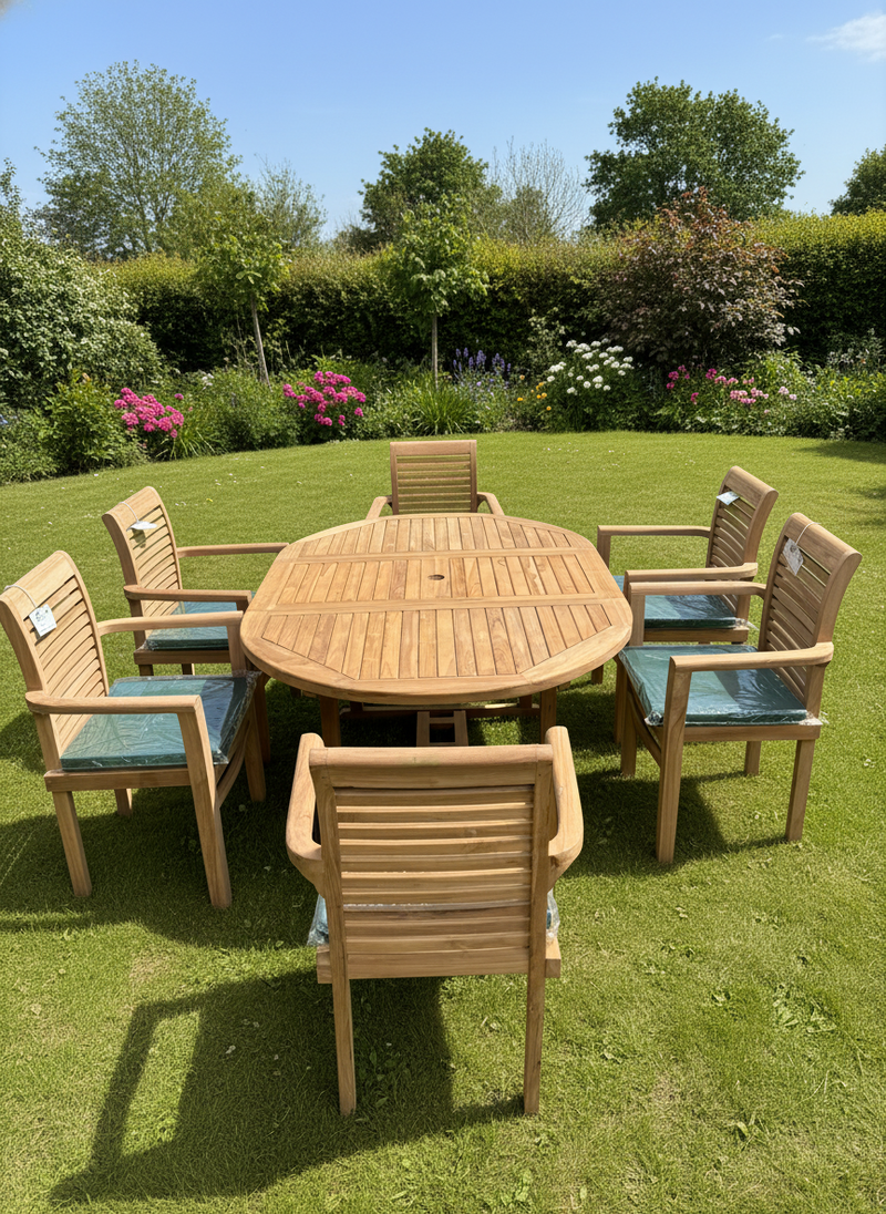 Teak Deluxe Garden Furniture Set 120cm - 170cm Oval Dining Table 4cm Single Leaf Thick & 6 Enclave Stacking Chairs With Cushions