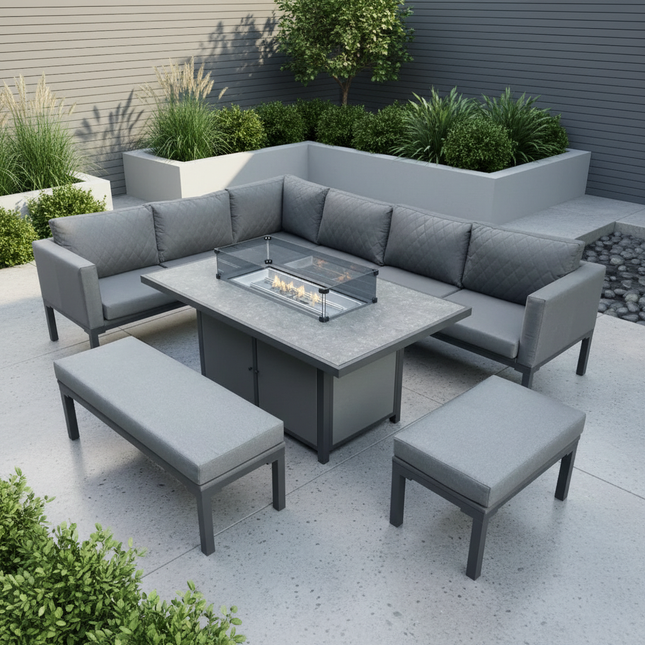 Savannah Aluminium Corner Dining Set With Fire Pit – GREY