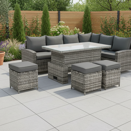 Luxury Eclipse Rattan Corner Garden Set With Rising Table Outdoor Patio Furniture - Grey Right Hand