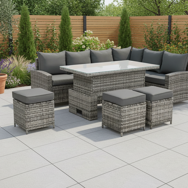 Luxury Eclipse Rattan Corner Garden Set With Rising Table Outdoor Patio Furniture - Grey Right Hand