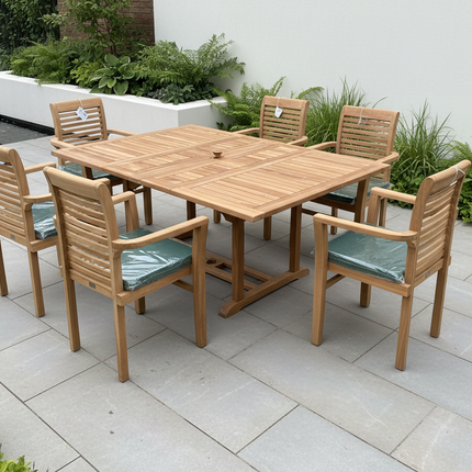 Teak Garden Furniture Set 120cm - 170cm Rectangle Dining Table Double Leaf & 6 Enclave Stacking Chairs With Cushions