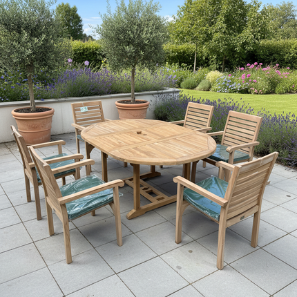 Teak Deluxe Garden Furniture Set 120cm - 170cm Oval Dining Table 4cm Single Leaf Thick & 6 New Haven Stacking Chairs With Cushions