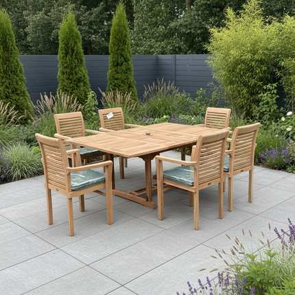 Teak Garden Furniture Set 120cm - 170cm Rectangle Dining Table Double Leaf & 6 Enclave Stacking Chairs With Cushions