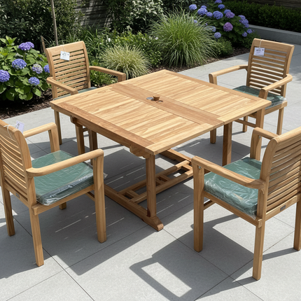 Teak Garden Furniture Set 120cm - 170cm Rectangle Dining Table Double Leaf & 6 Enclave Stacking Chairs With Cushions