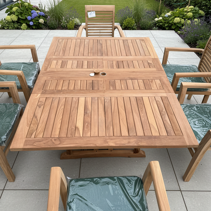 Teak Garden Furniture Set 120cm - 170cm Rectangle Dining Table Double Leaf & 6 Enclave Stacking Chairs With Cushions