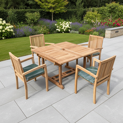 Teak Garden Furniture Set 120cm - 170cm Rectangle Dining Table Double Leaf & 6 Elysian Stacking Chairs With Cushions