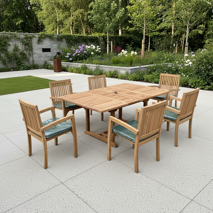 Teak Garden Furniture Set 120cm - 170cm Rectangle Dining Table Double Leaf & 6 Elysian Stacking Chairs With Cushions
