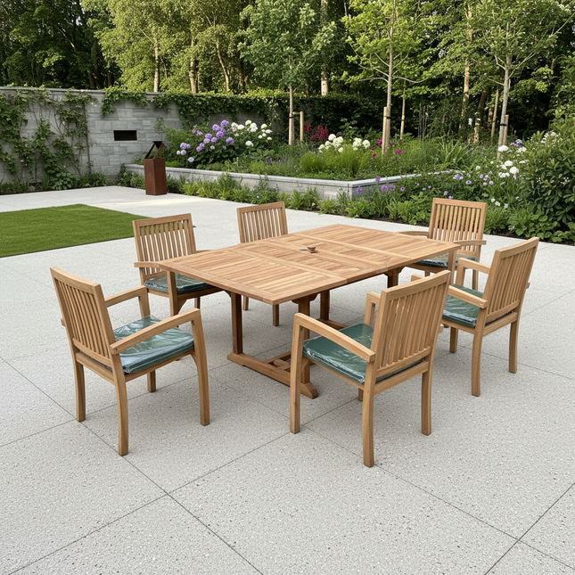 Teak Garden Furniture Set 120cm - 170cm Rectangle Dining Table Double Leaf & 6 Elysian Stacking Chairs With Cushions