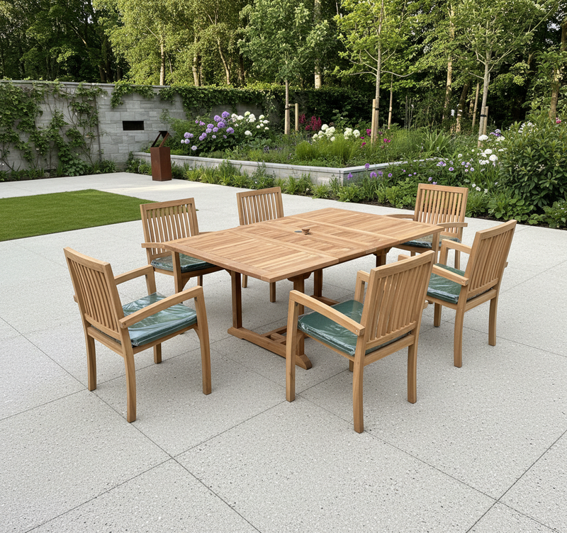 Teak Garden Furniture Set 120cm - 170cm Rectangle Dining Table Double Leaf & 6 Elysian Stacking Chairs With Cushions