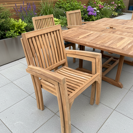 Teak Garden Furniture Set 120cm - 170cm Rectangle Dining Table Double Leaf & 6 Elysian Stacking Chairs With Cushions
