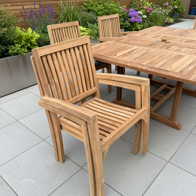 Teak Garden Furniture Set 120cm - 170cm Rectangle Dining Table Double Leaf & 6 Elysian Stacking Chairs With Cushions