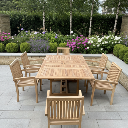 Teak Garden Furniture Set 120cm - 170cm Rectangle Dining Table Double Leaf & 6 Elysian Stacking Chairs With Cushions