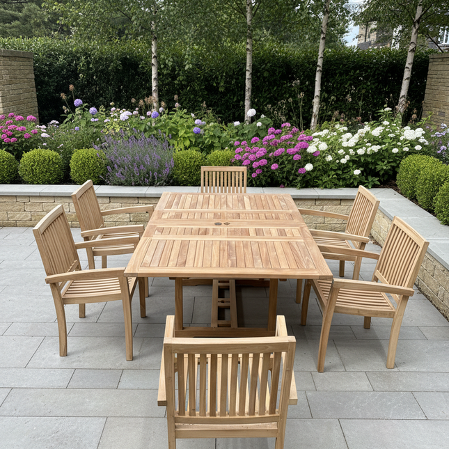 Teak Garden Furniture Set 120cm - 170cm Rectangle Dining Table Double Leaf & 6 Elysian Stacking Chairs With Cushions