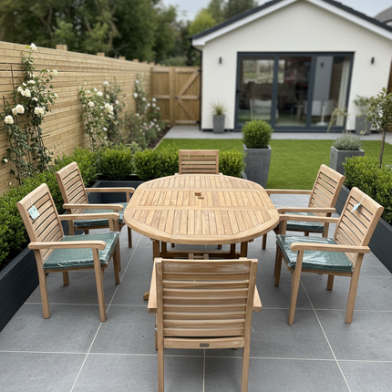 Teak Deluxe Garden Furniture Set 120cm - 170cm Oval Dining Table 4cm Single Leaf Thick & 6 New Haven Stacking Chairs With Cushions